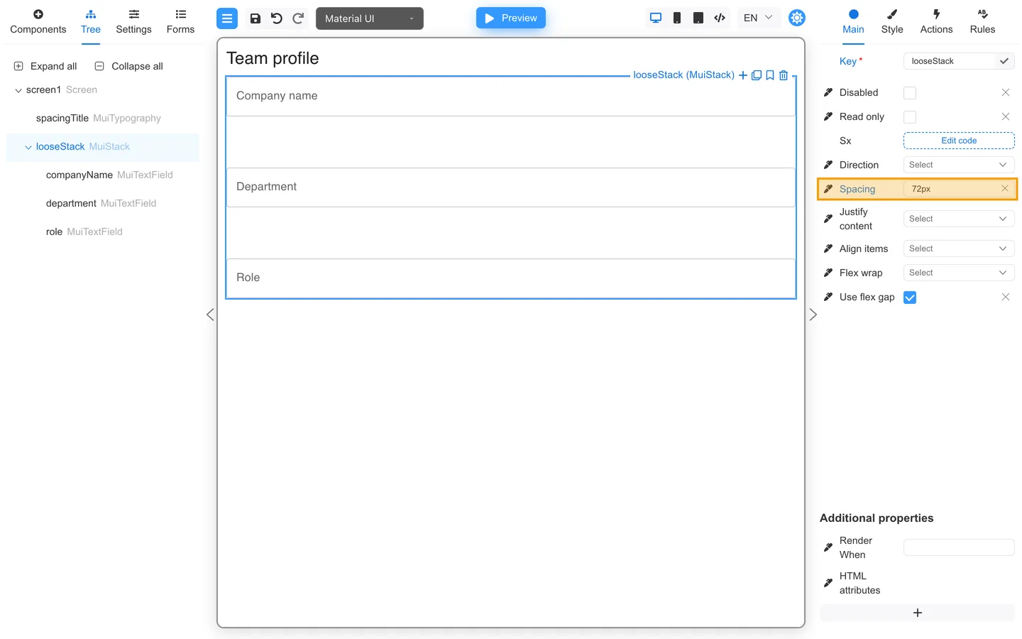 Main tab with the Stack Spacing property highlighted at 72px.