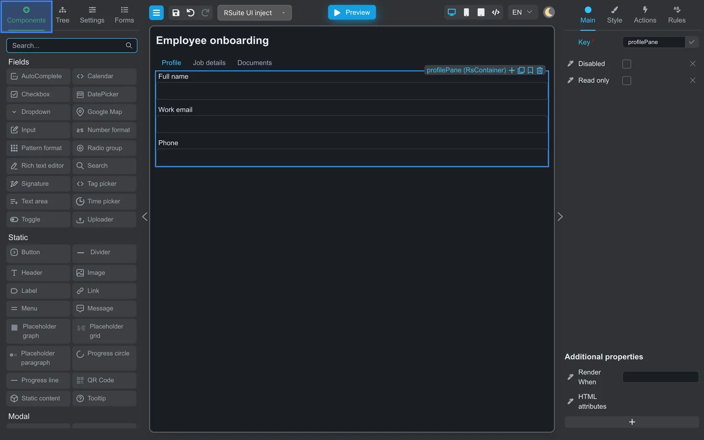 Components tab selected with Employee onboarding form showing Profile, Job details, and Documents tabs.