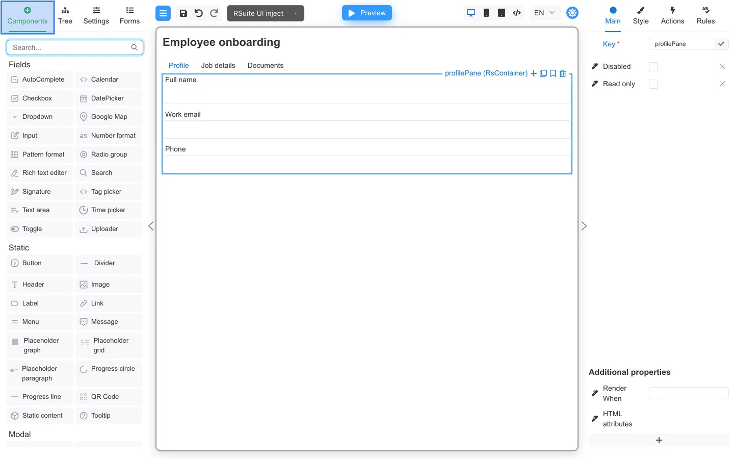 Components tab selected with Employee onboarding form showing Profile, Job details, and Documents tabs.