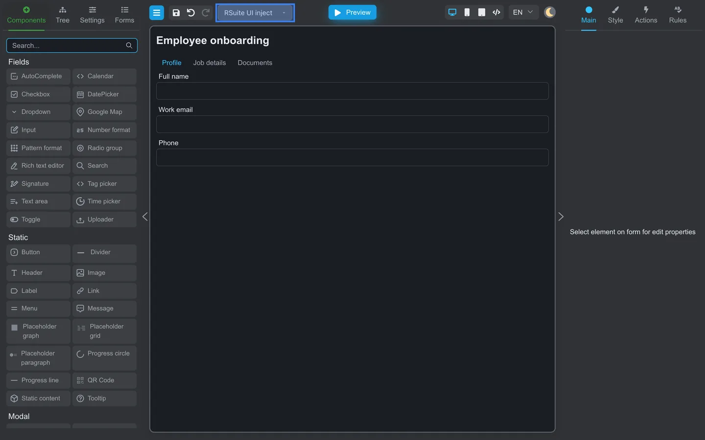 Top toolbar with RSuite UI inject selected in the Component library menu.
