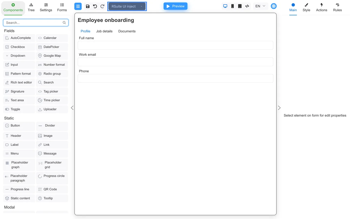 Top toolbar with RSuite UI inject selected in the Component library menu.