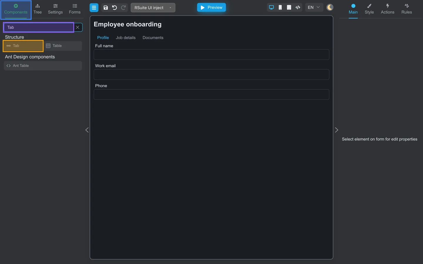 Components tab open with Tab highlighted in the palette search.