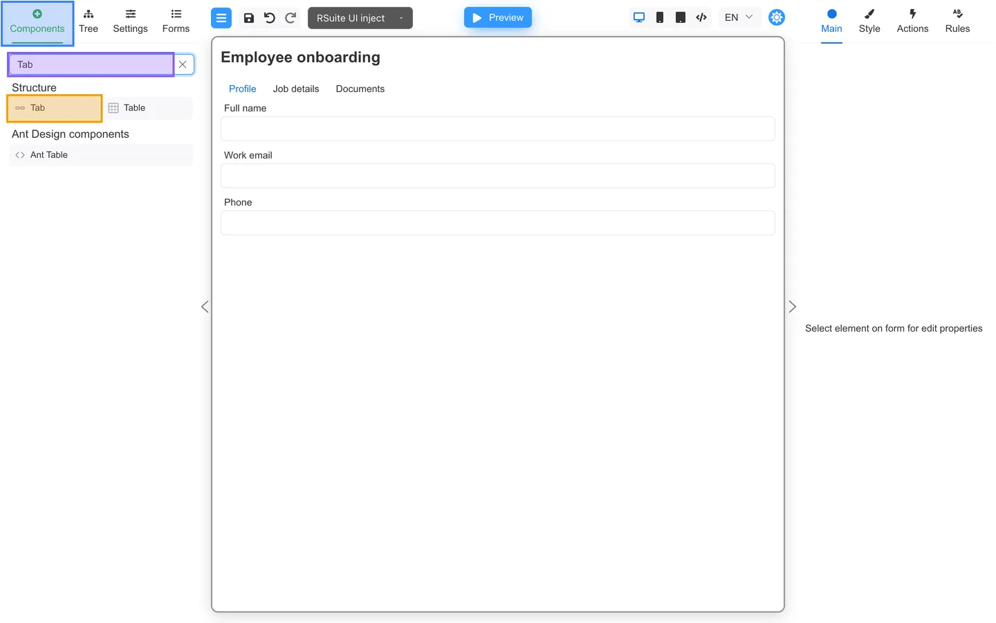 Components tab open with Tab highlighted in the palette search.
