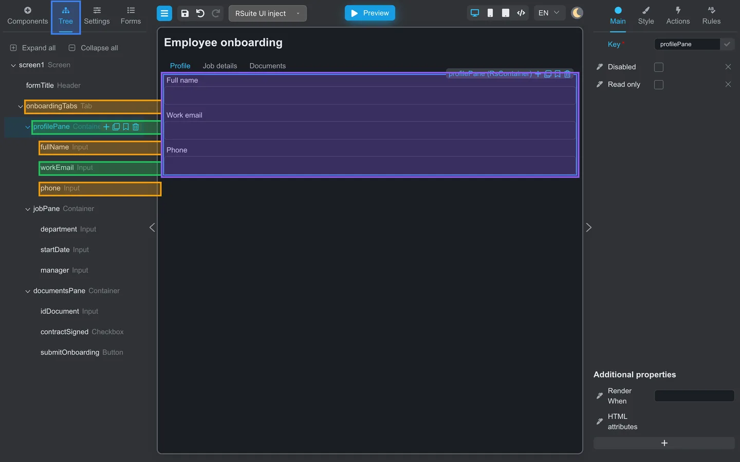 Tree tab showing onboardingTabs with profilePane and nested input fields.