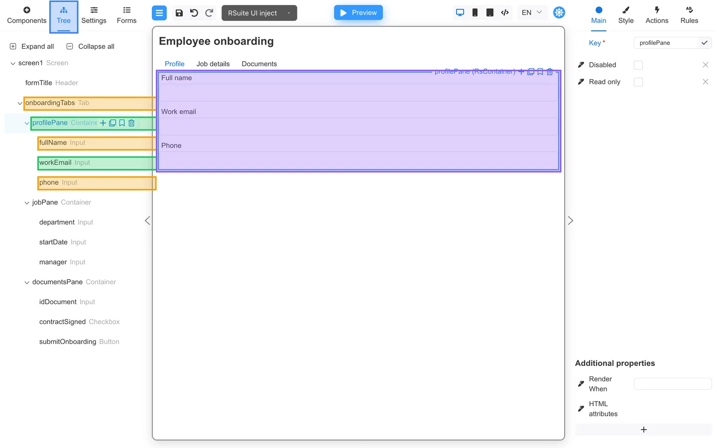 Tree tab showing onboardingTabs with profilePane and nested input fields.