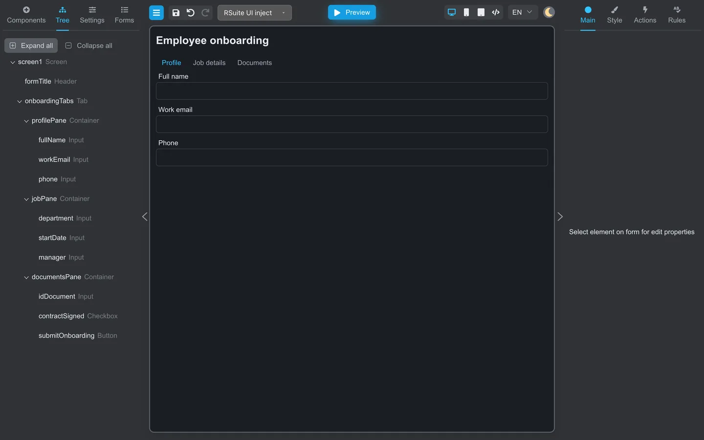 Tree tab showing formTitle, onboardingTabs, three pane containers, fields, and submitOnboarding.