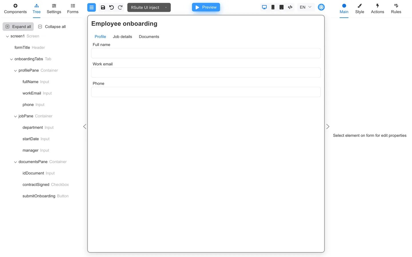 Tree tab showing formTitle, onboardingTabs, three pane containers, fields, and submitOnboarding.