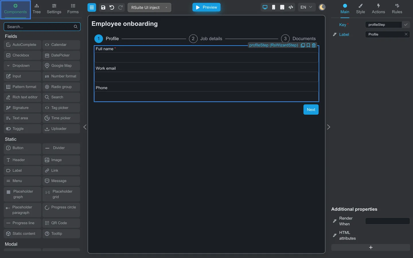 Components tab selected with Employee onboarding wizard showing Profile step fields and Next button.