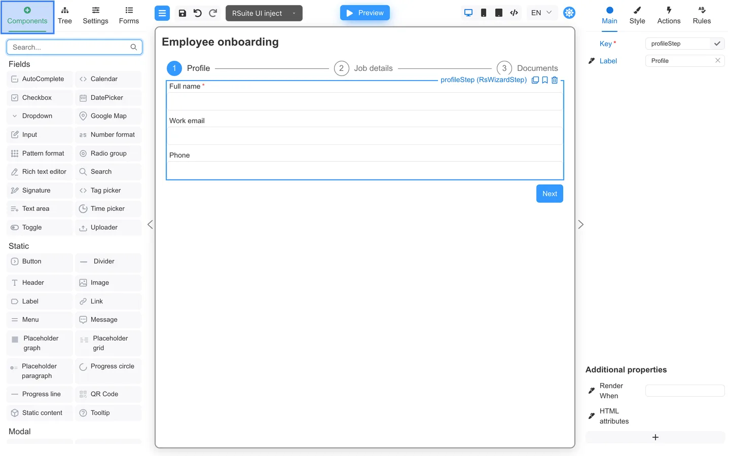 Components tab selected with Employee onboarding wizard showing Profile step fields and Next button.