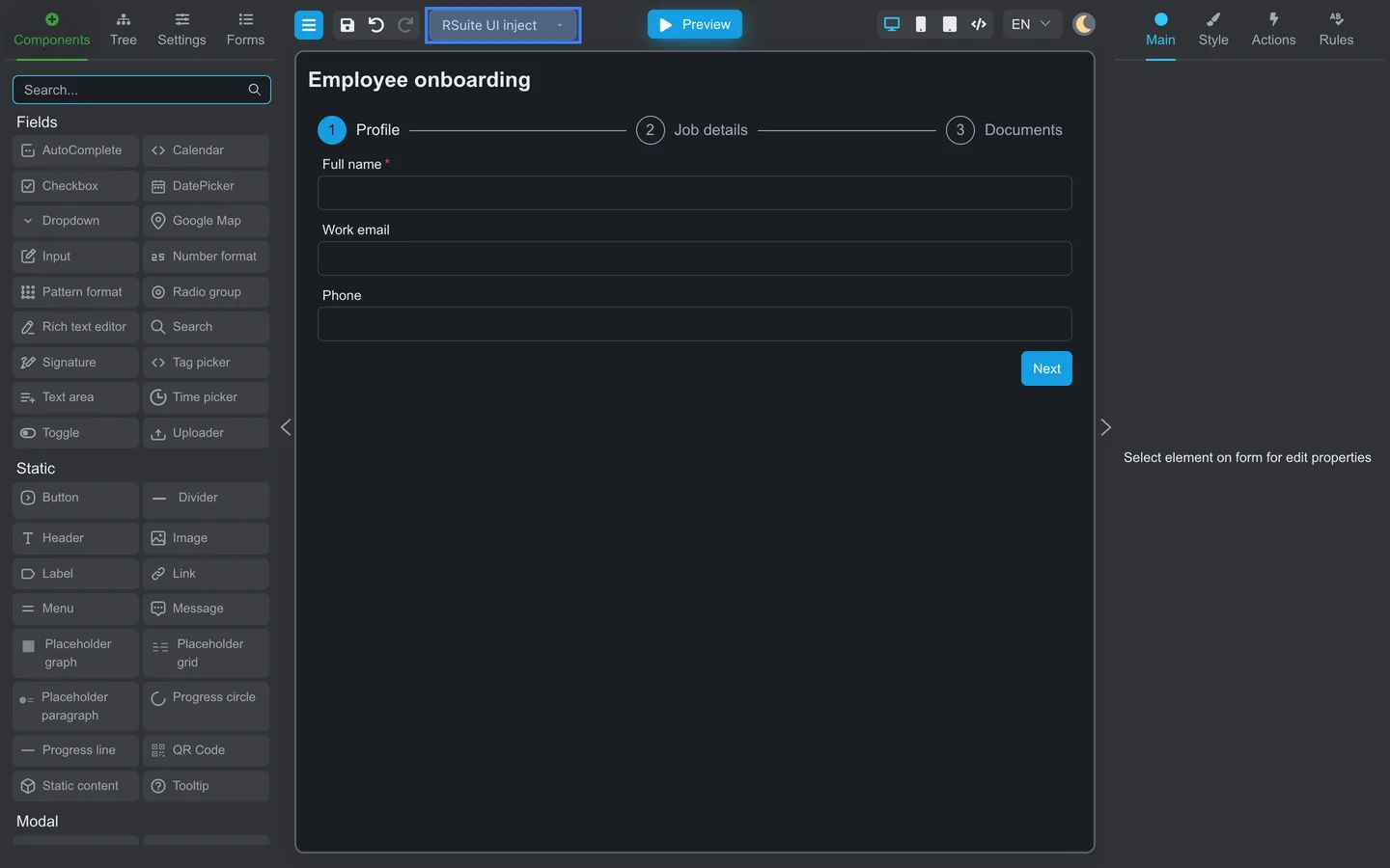 Top toolbar with RSuite UI inject selected in the Component library menu.