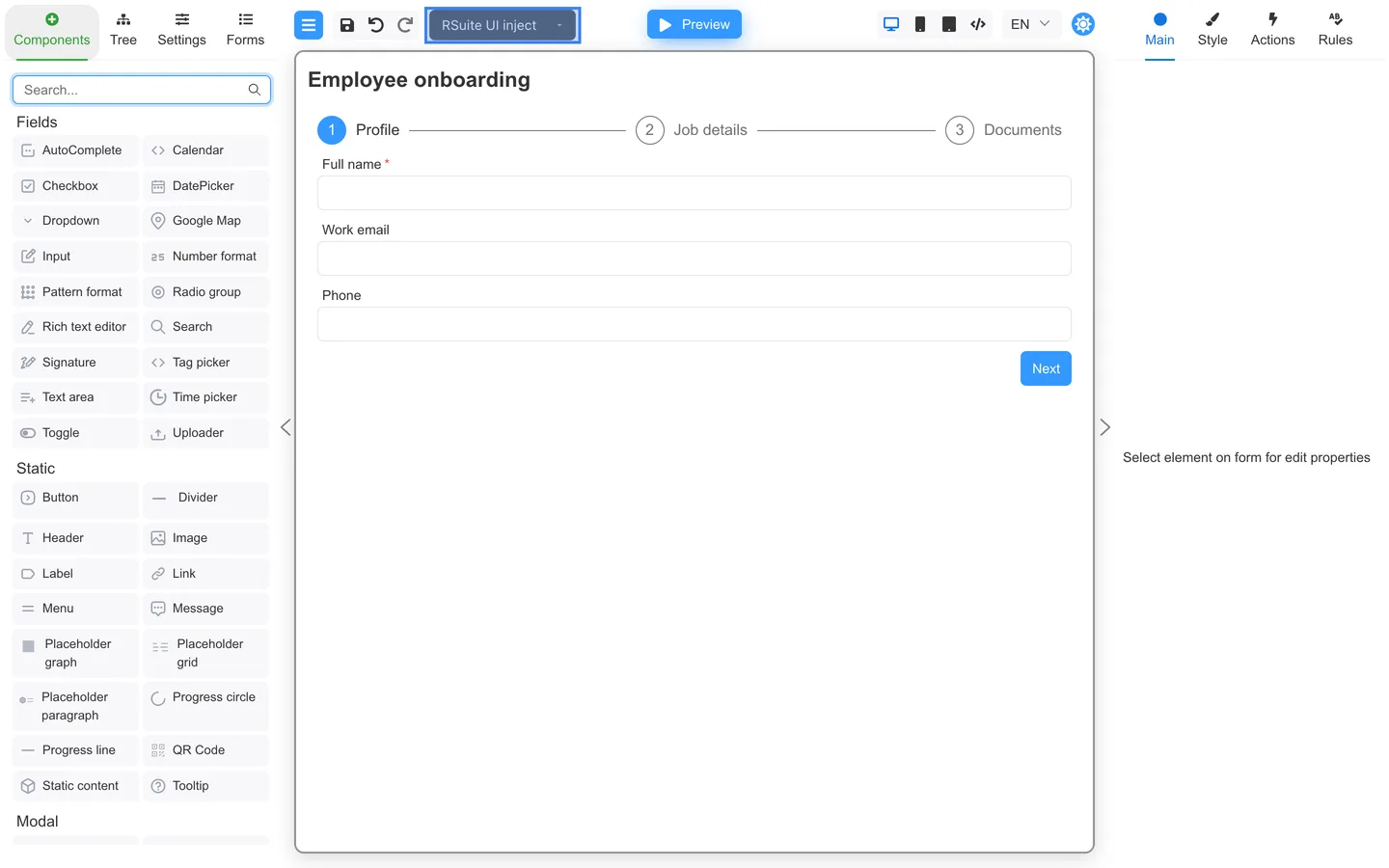 Top toolbar with RSuite UI inject selected in the Component library menu.
