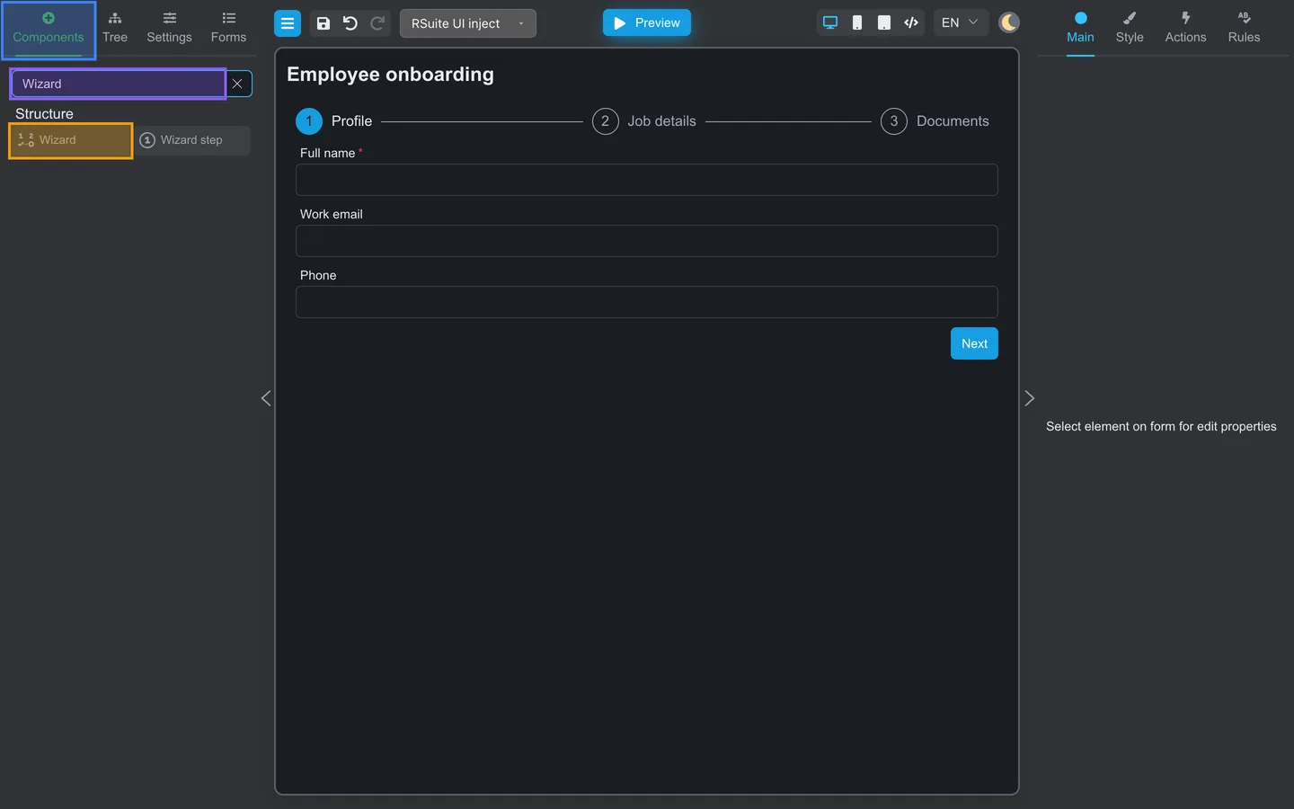 Components tab open with Wizard highlighted in the palette search.