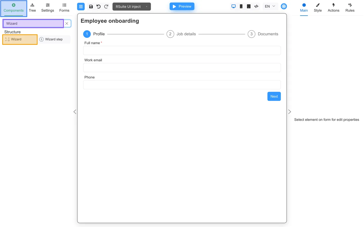 Components tab open with Wizard highlighted in the palette search.