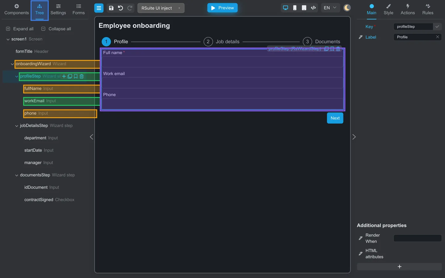 Tree tab showing onboardingWizard with profileStep and nested input fields.