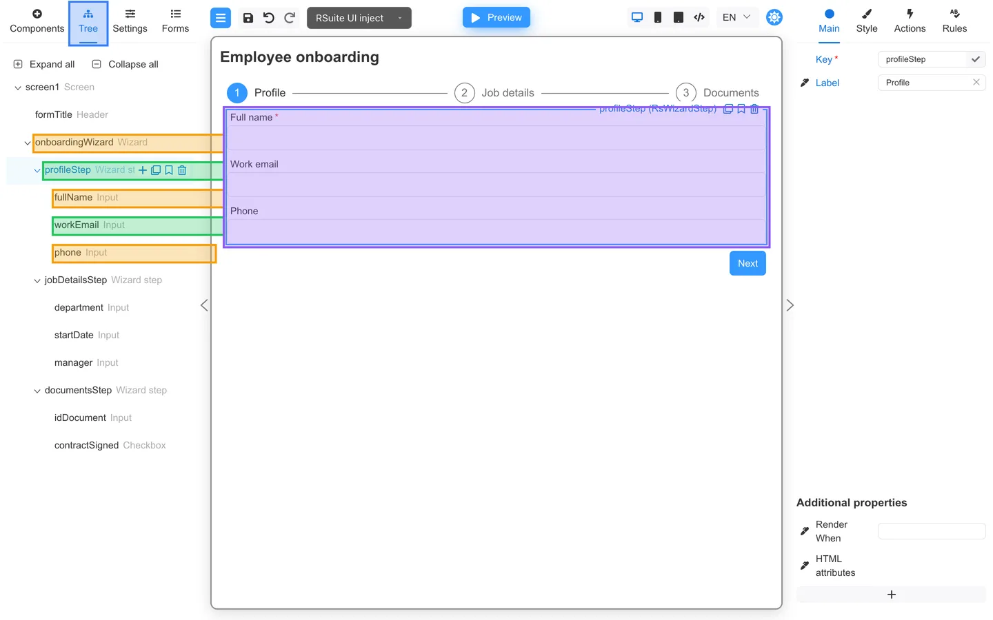 Tree tab showing onboardingWizard with profileStep and nested input fields.
