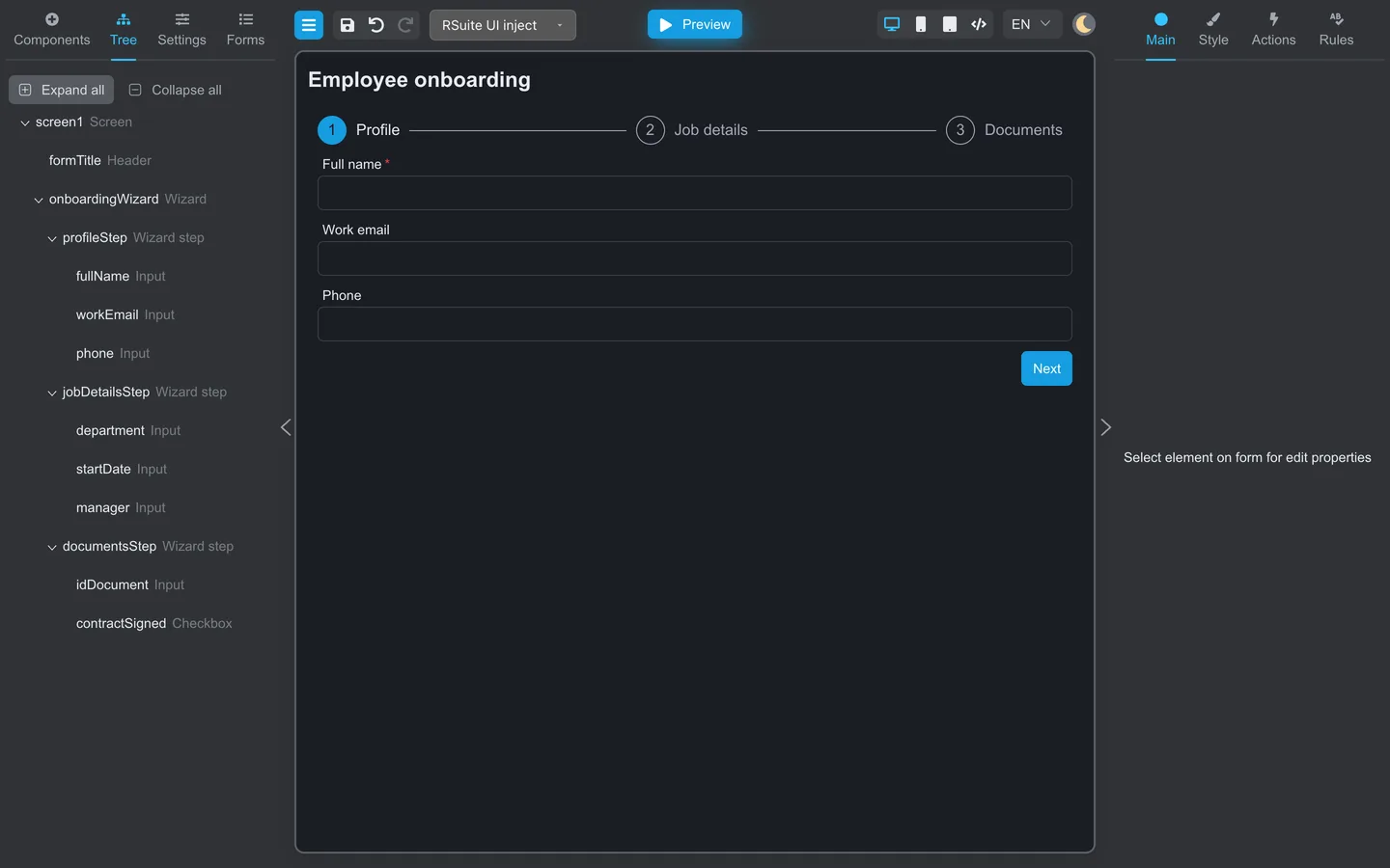 Tree tab showing formTitle, onboardingWizard, three Wizard step branches, and their fields.