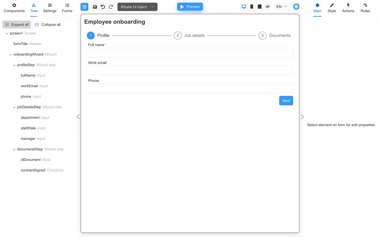 Tree tab showing formTitle, onboardingWizard, three Wizard step branches, and their fields.