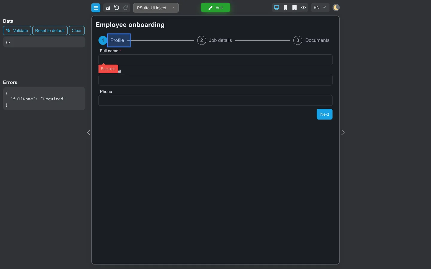 Preview mode showing Required under an empty Full name field while the wizard remains on Profile after Next is clicked.
