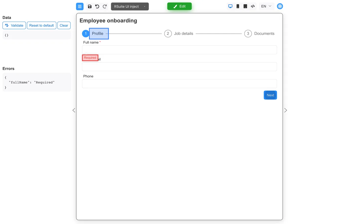 Preview mode showing Required under an empty Full name field while the wizard remains on Profile after Next is clicked.