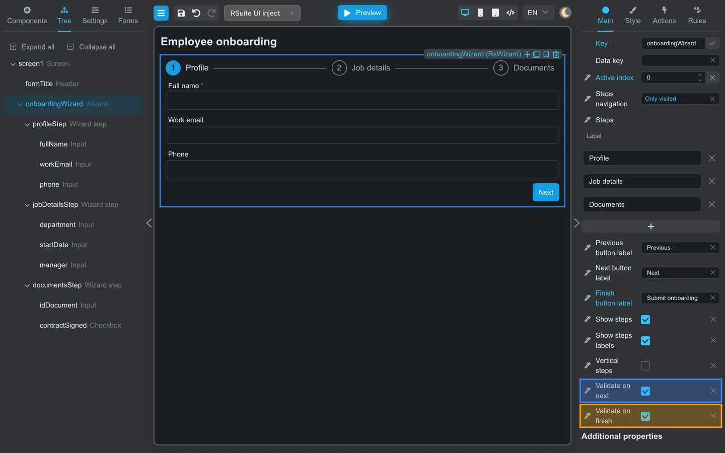 Main properties for the Onboarding wizard with Validate on next and Validate on finish enabled.