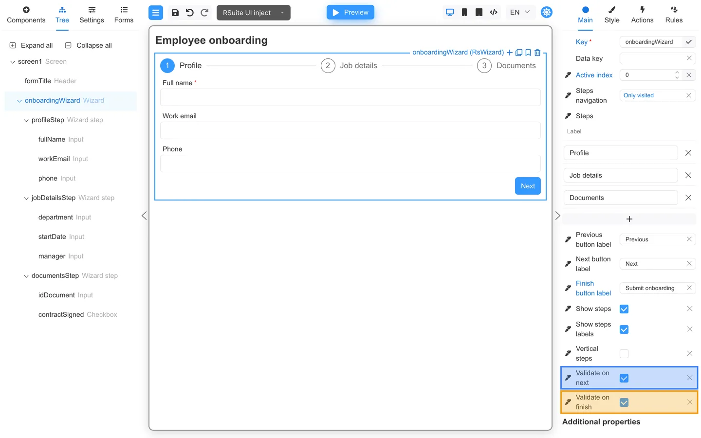 Main properties for the Onboarding wizard with Validate on next and Validate on finish enabled.