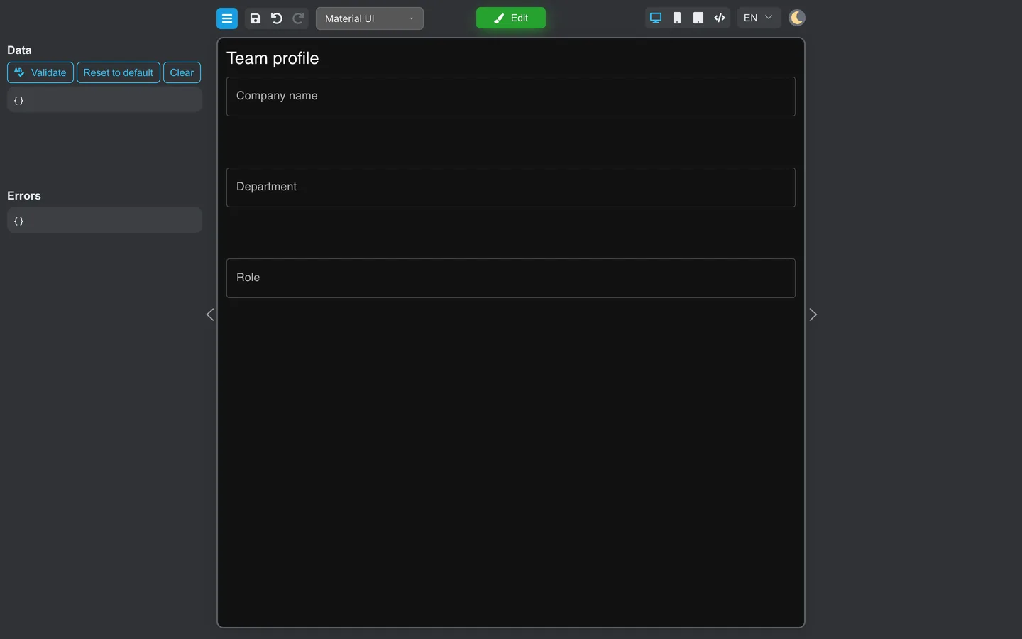 Preview mode showing the team profile form with generous vertical spacing between fields.