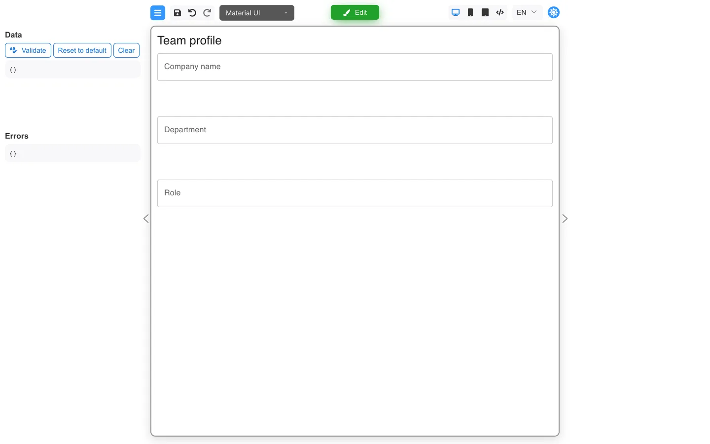 Preview mode showing the team profile form with generous vertical spacing between fields.