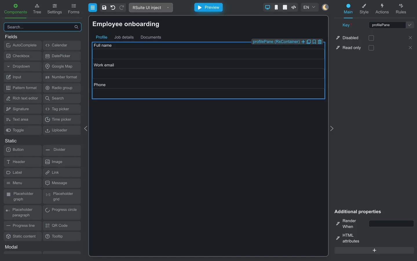 Tabbed multi-section form on the canvas.