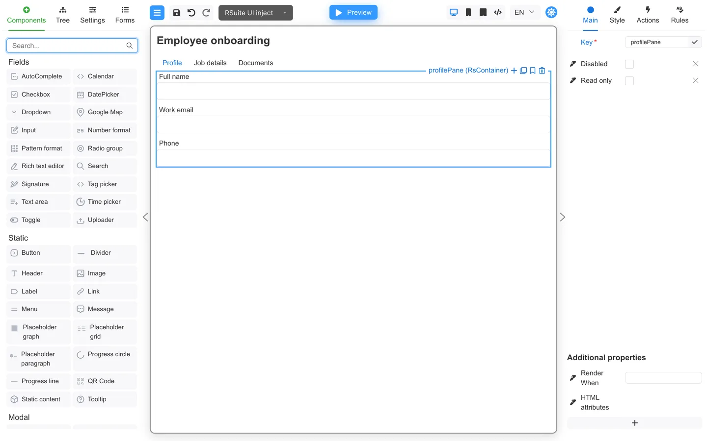 Tabbed multi-section form on the canvas.