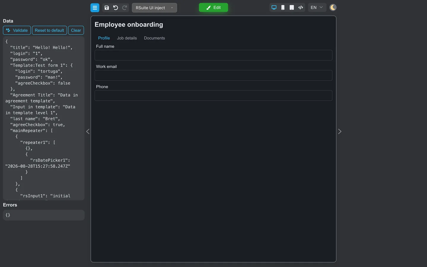 Preview mode showing Employee onboarding Profile, Job details, and Documents tabs.