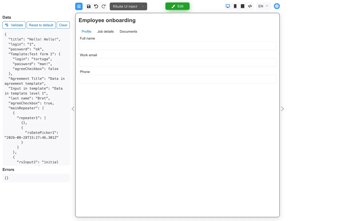 Preview mode showing Employee onboarding Profile, Job details, and Documents tabs.