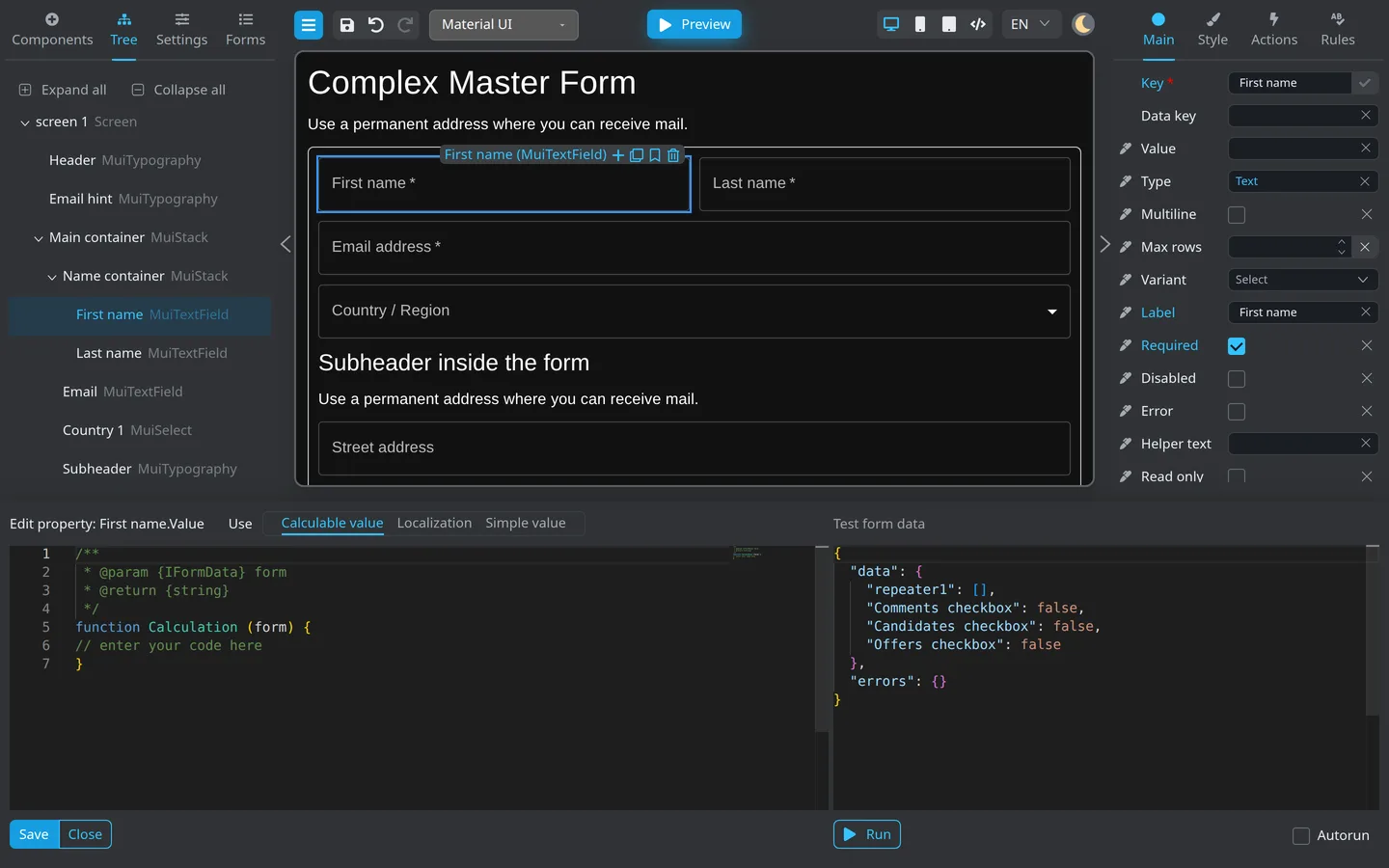 Bottom code panel with Calculable value selected for a component property.