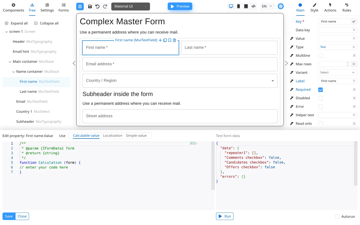 Bottom code panel with Calculable value selected for a component property.
