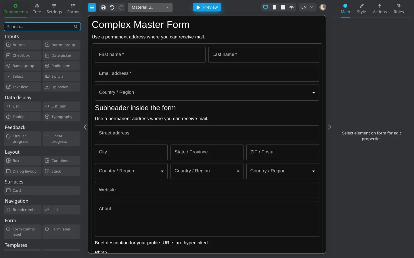 Example form open on the Designer canvas.