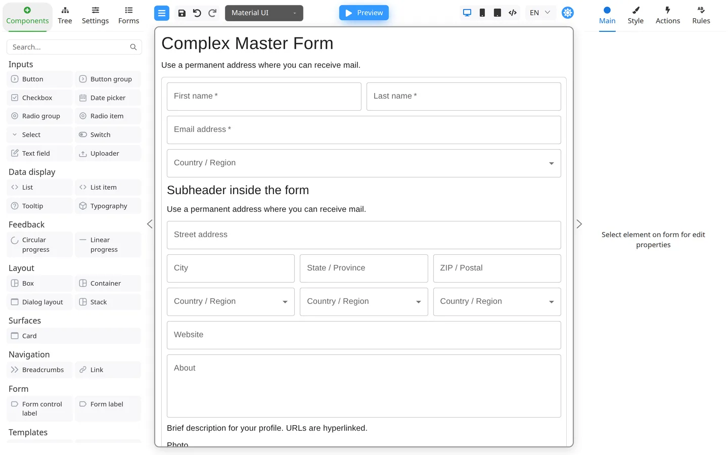 Example form open on the Designer canvas.