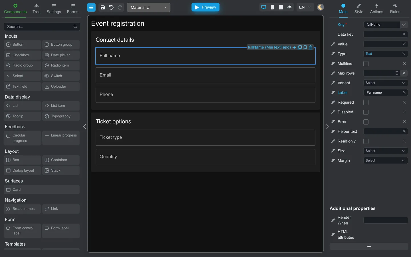 Three form fields selected on the canvas with Ctrl+click.