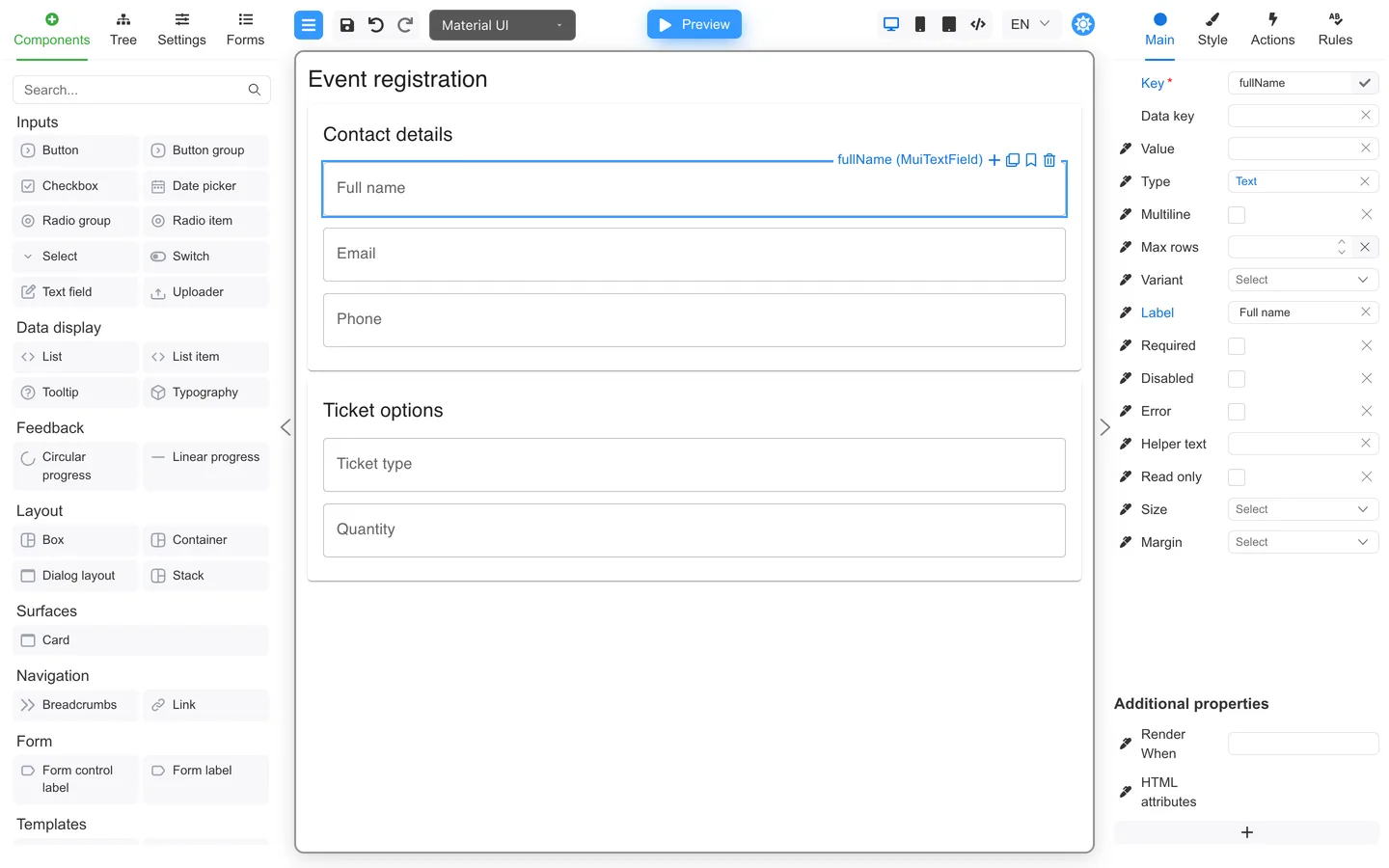 Three form fields selected on the canvas with Ctrl+click.