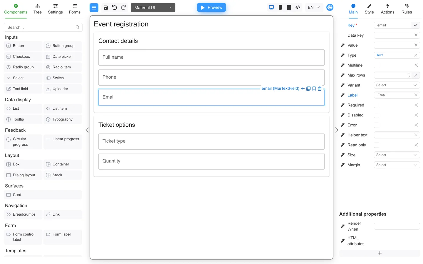 Event registration after dragging Phone above Email on the canvas.
