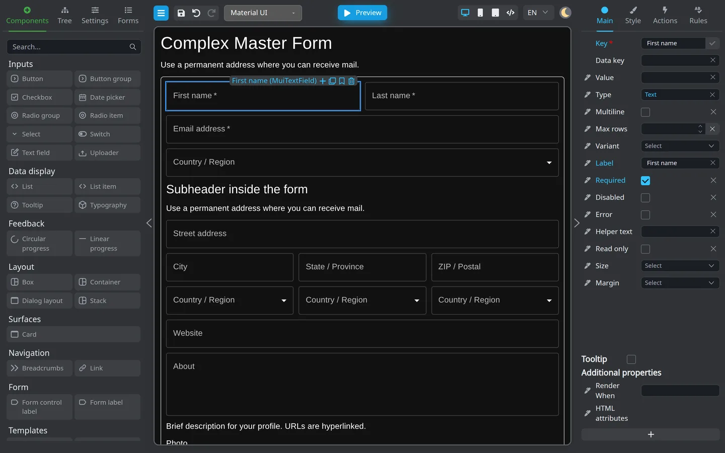 Selected component on the form canvas.