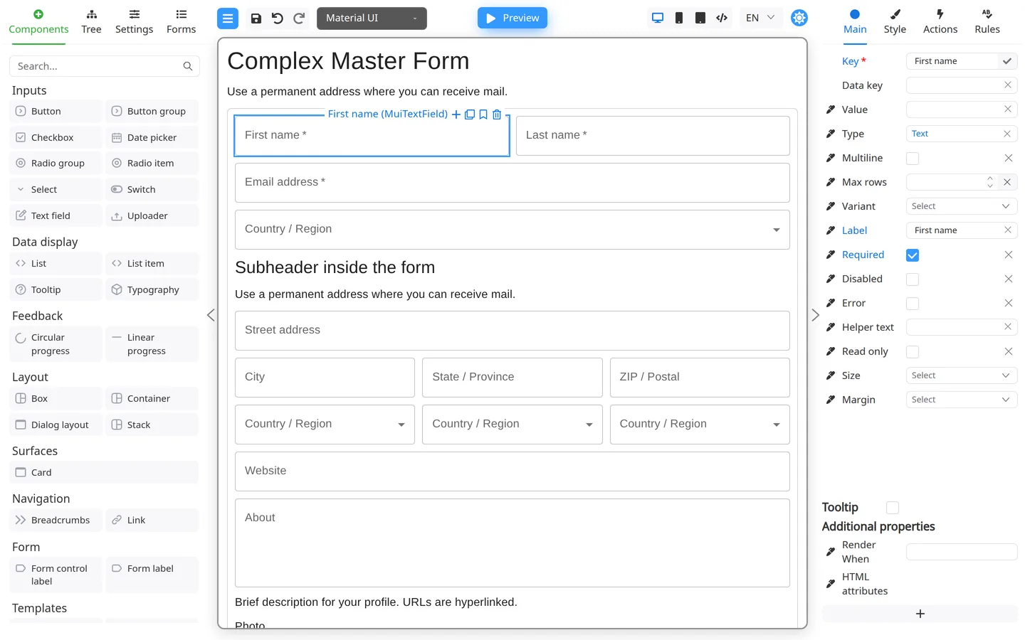 Selected component on the form canvas.