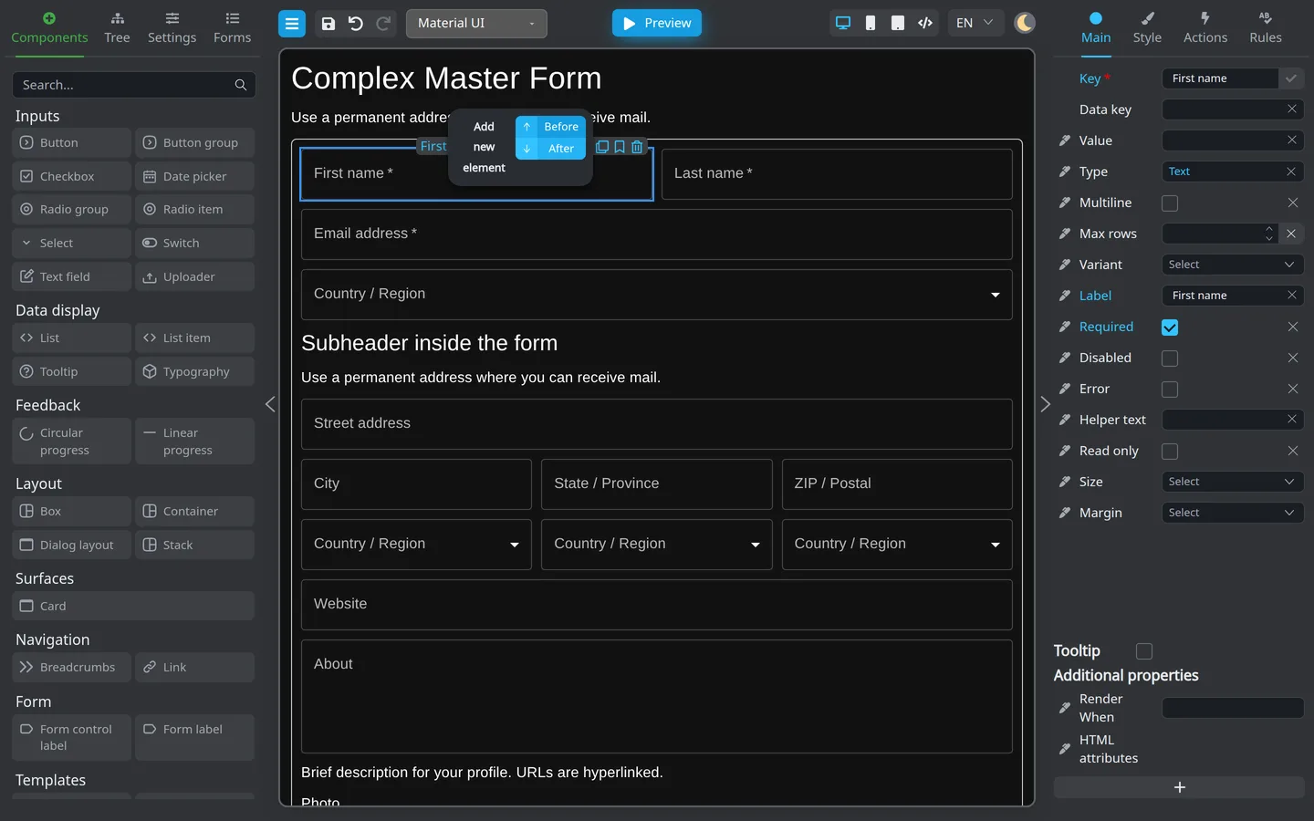 Add button on the component toolbar with Before and After options.