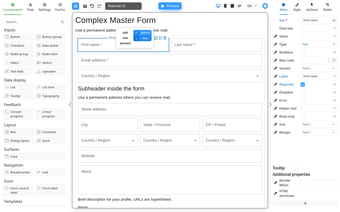 Add button on the component toolbar with Before and After options.