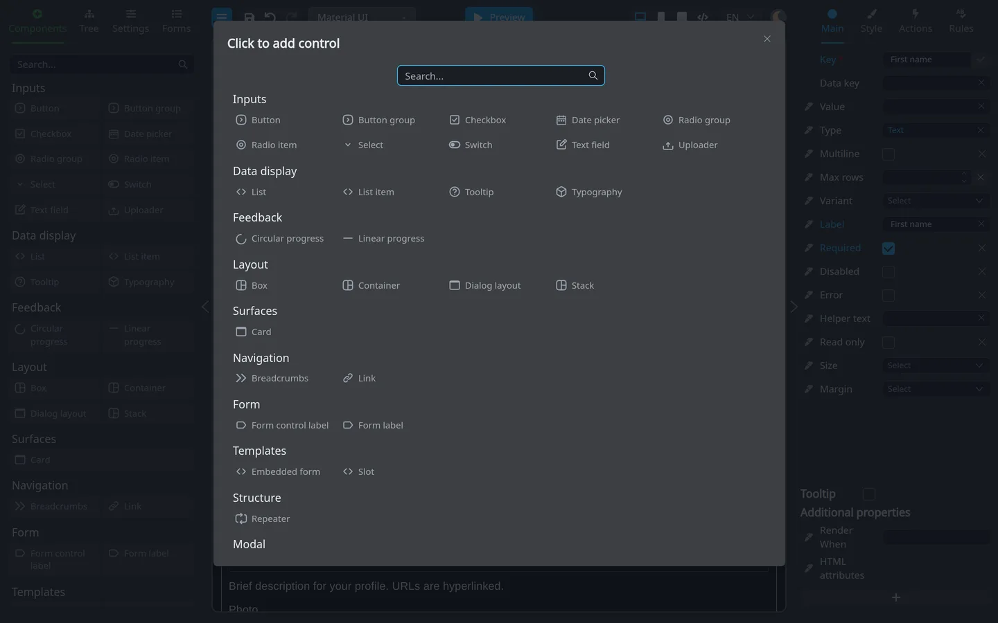 Click to add control modal with the full component picker.