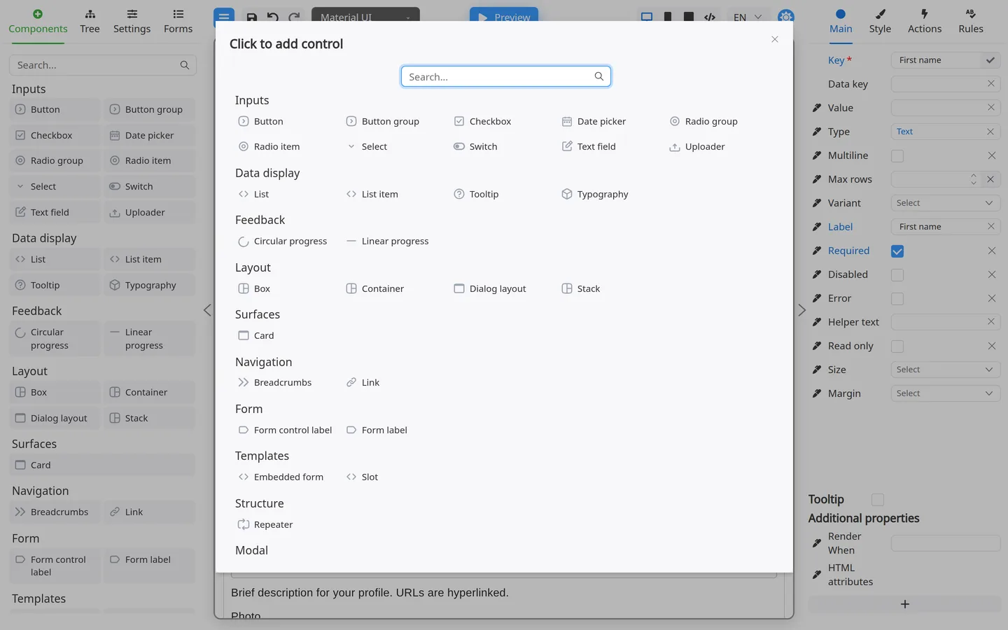 Click to add control modal with the full component picker.