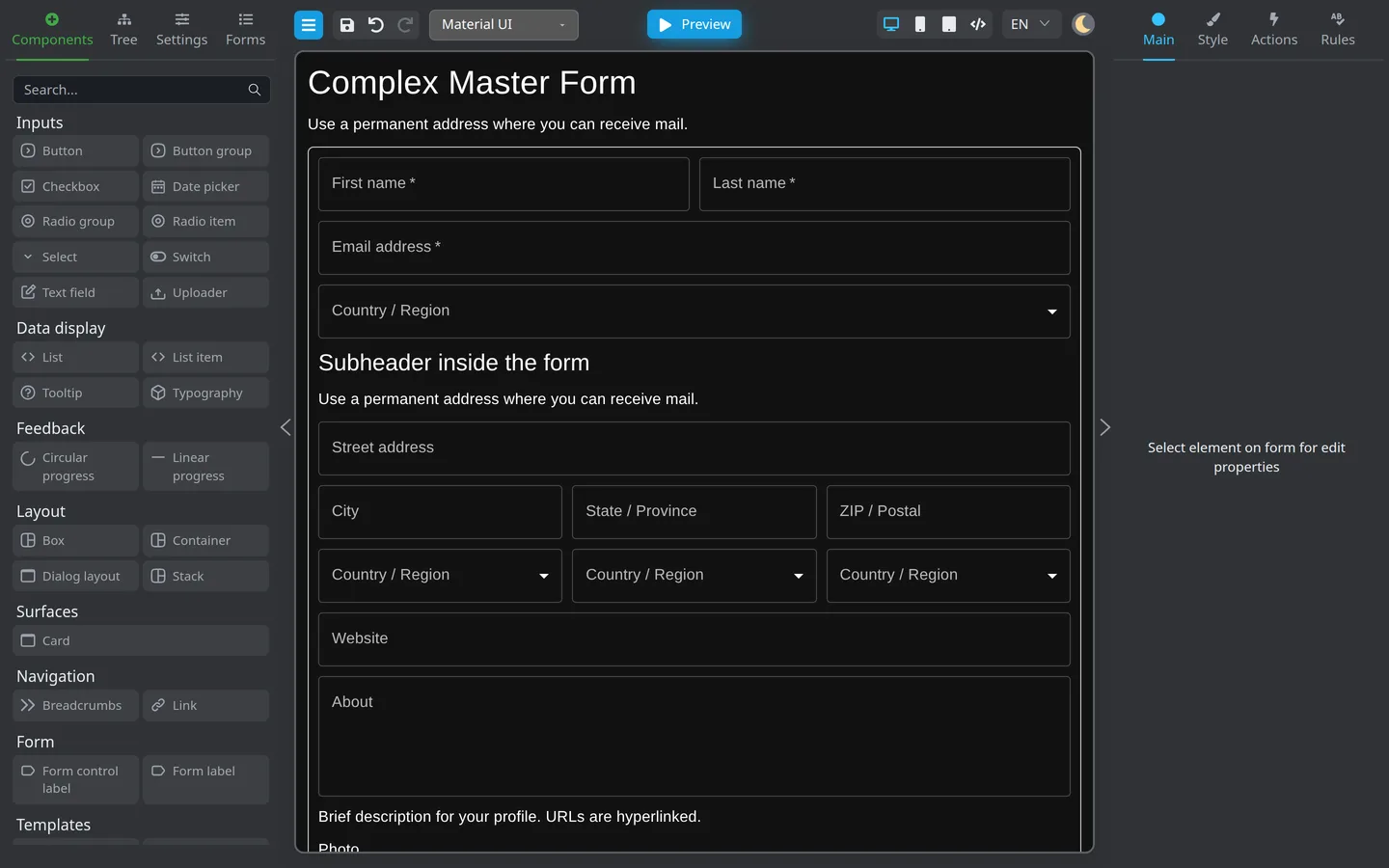 Components palette including custom components.