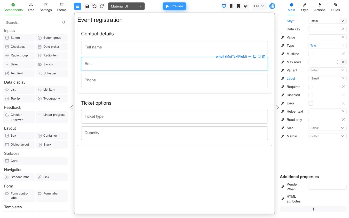 Floating toolbar on the selected Email field on Event registration.