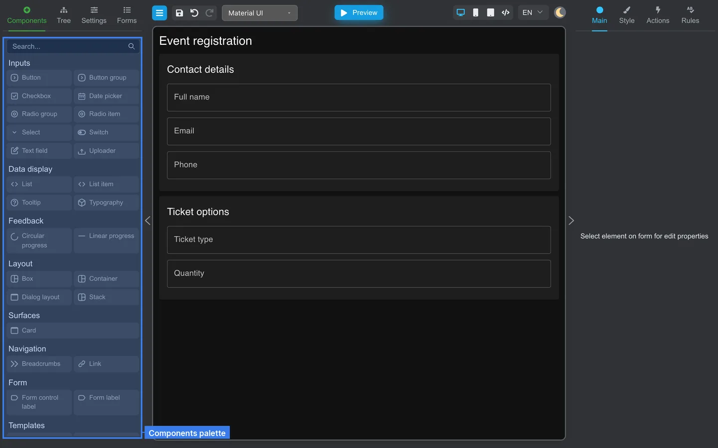 Components palette highlighted on Event registration.