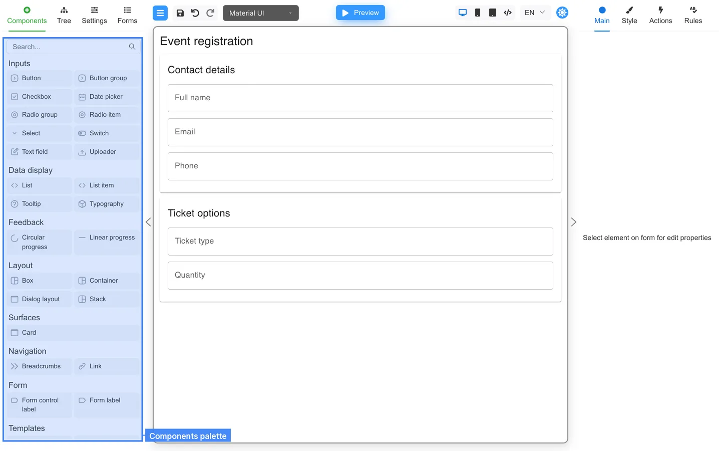 Components palette highlighted on Event registration.