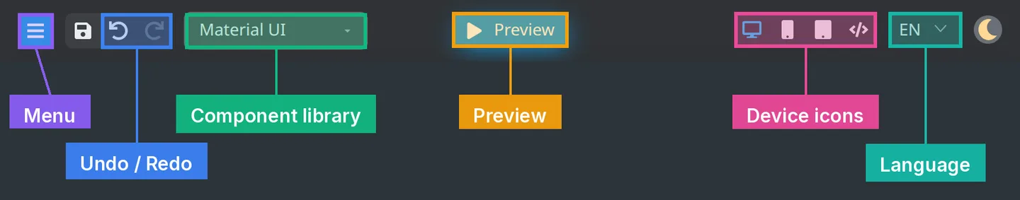 Central header toolbar with numbered controls: menu, undo/redo, component library, preview, device icons, and language.