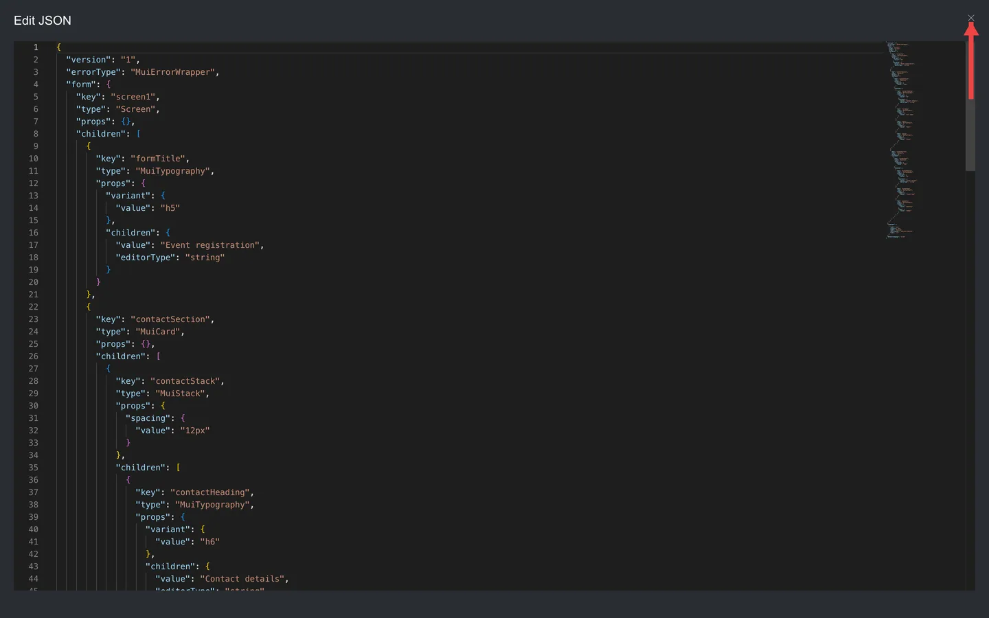 Edit JSON modal open with a red arrow pointing to the close button.